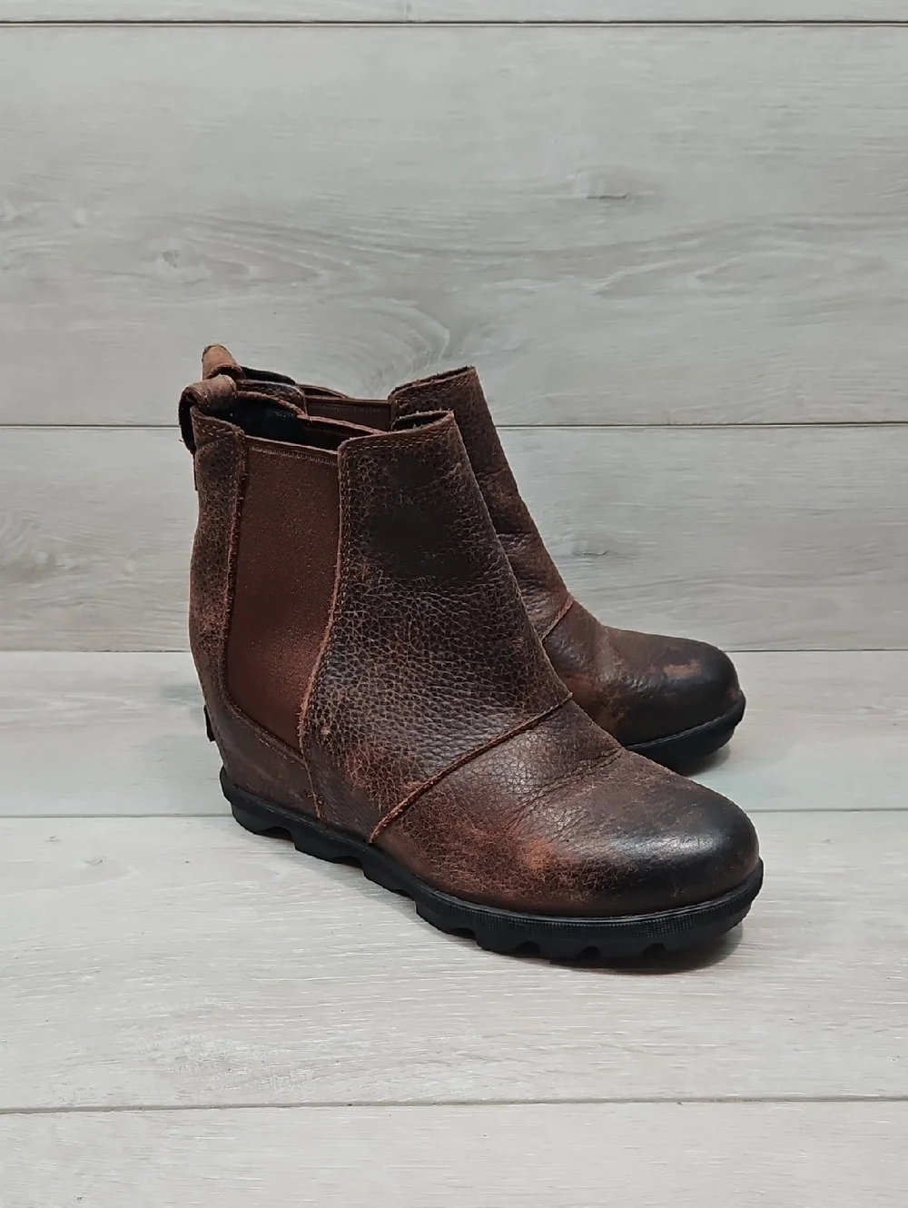 Sorel Brown Leather Chelsea Wedge Ankle Boots